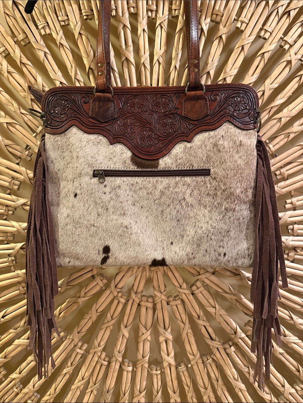 American Darling Brown & White Tooled Leather Fringe Shoulder Bag - Picture 2 of 5